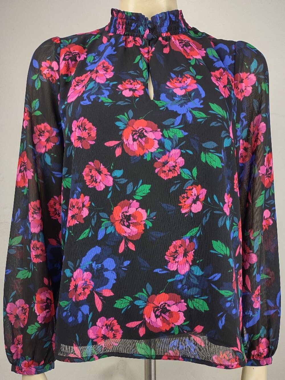 NWT J. Crew black pink blue floral mock neck keyhole front blouse ladies Small